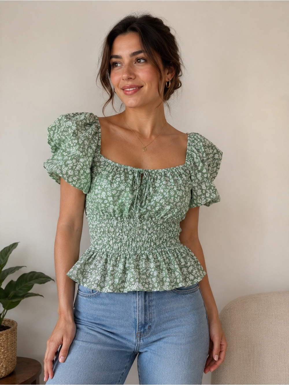 miami Sage Green Floral Smocked Peplum Top